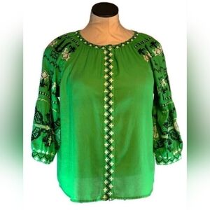 Crown & Ivy Green  Blue & WhiteEmbroidery Button Up Long Sleeved Shirt Sz XL EUC